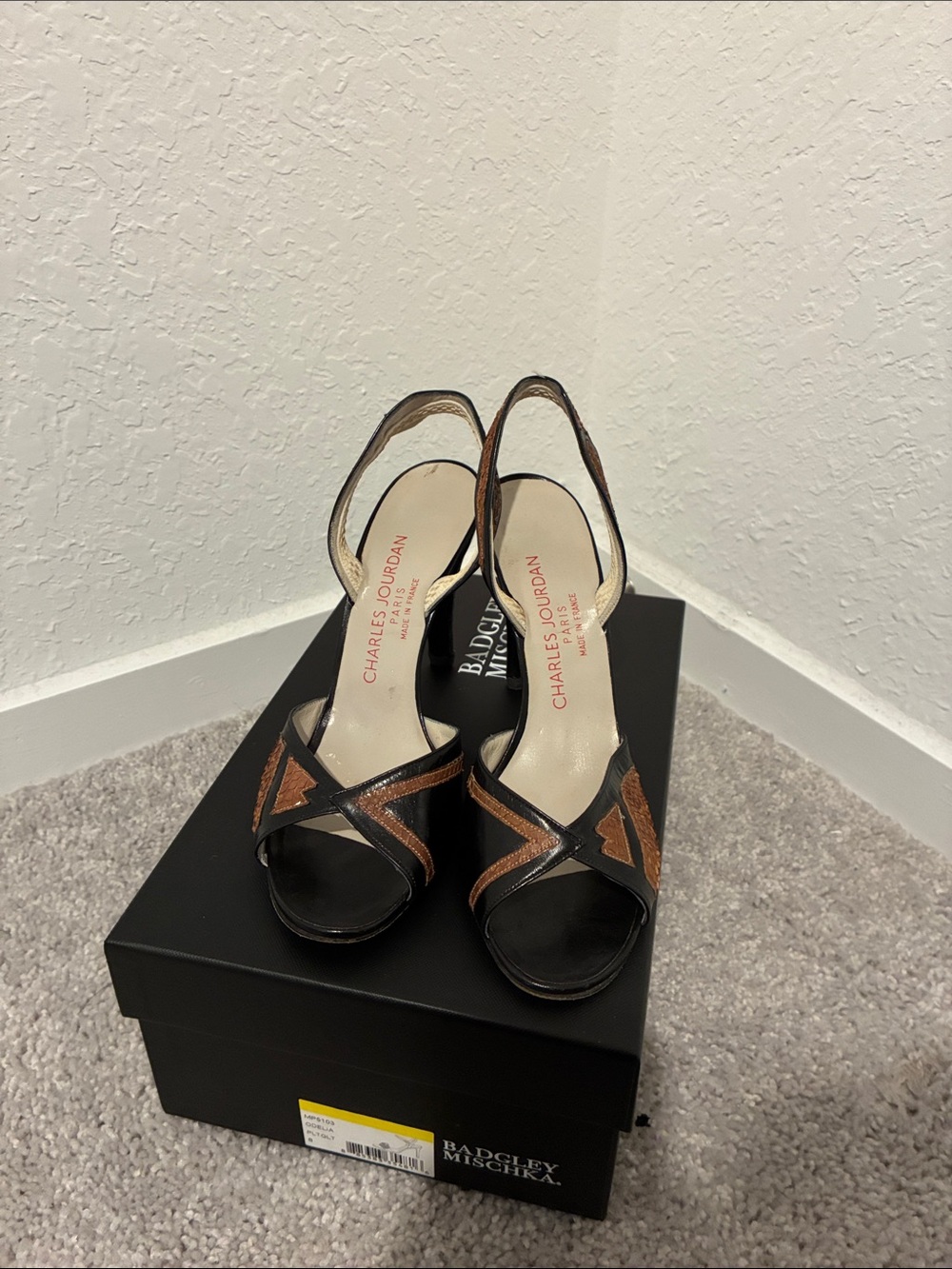 Charles Jourdan Black and Brown Strappy Slingback Heels